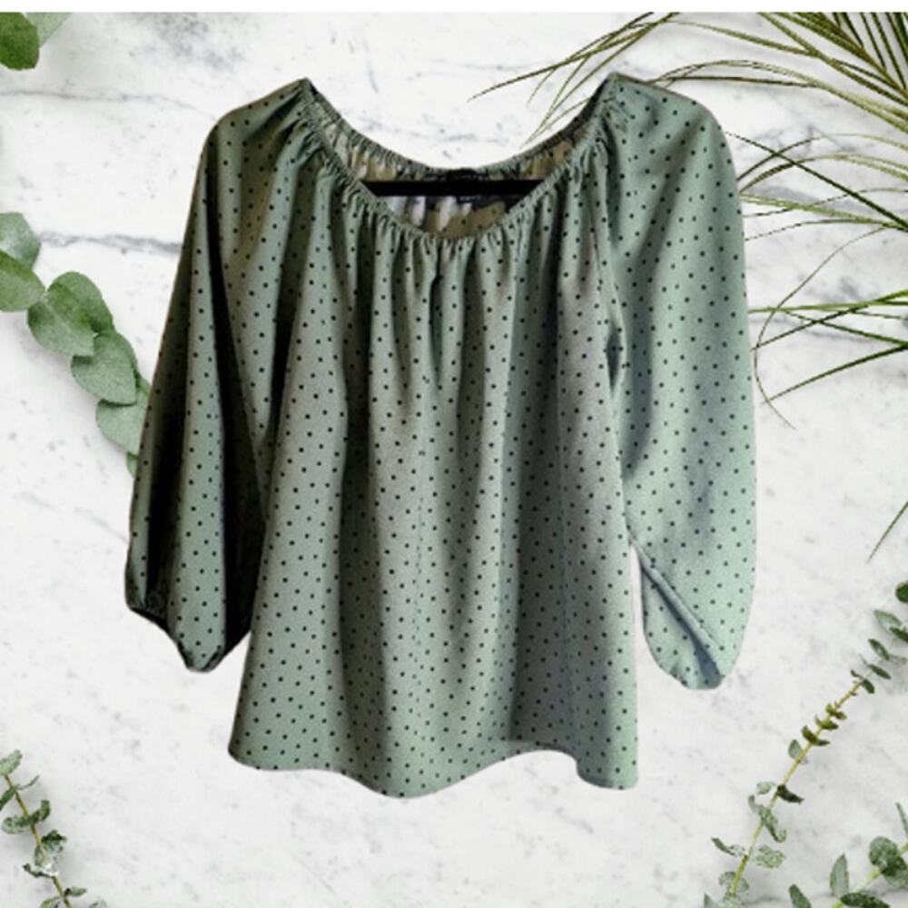 Ann Taylor XS 3/4 sleeve green and navy polyester woman's casual blouse.